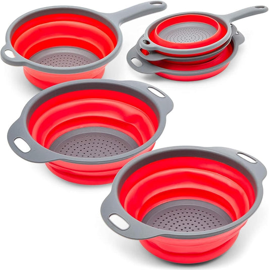 Collapsible Colander Set of 3, Space-Saving Kitchen Strainer, Use to Drain Vegetables and Fruits, Heat-Resistant Pasta Strainer with Handle, Foldable for Easy Storage, Ideal for Campers, Red
