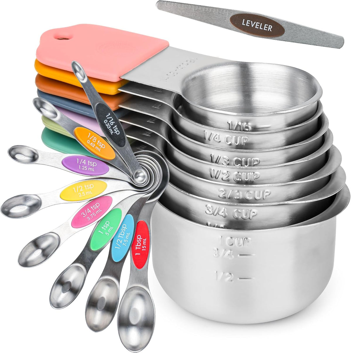 Measuring Cups and Spoons Set 16, Metric & US Stainless Steel Magnetic Measuring Cups and Spoons Set for Baking & Kitchen, Dry & Liquid Metal Measure Cups & Spoons with Leveler