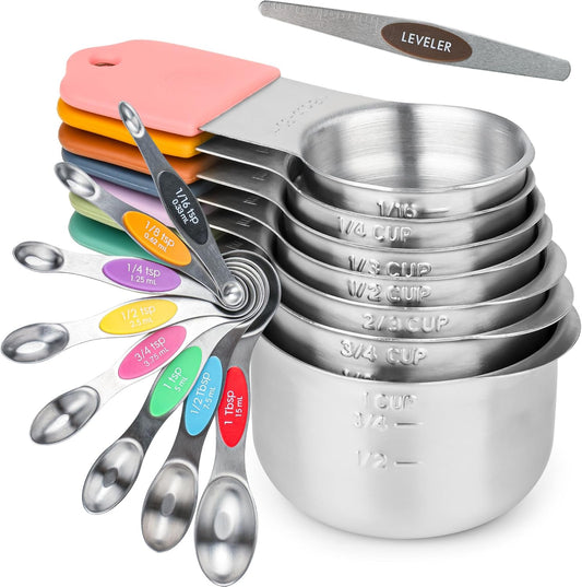 Measuring Cups and Spoons Set 16, Metric & US Stainless Steel Magnetic Measuring Cups and Spoons Set for Baking & Kitchen, Dry & Liquid Metal Measure Cups & Spoons with Leveler