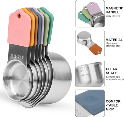 Measuring Cups and Spoons Set 16, Metric & US Stainless Steel Magnetic Measuring Cups and Spoons Set for Baking & Kitchen, Dry & Liquid Metal Measure Cups & Spoons with Leveler