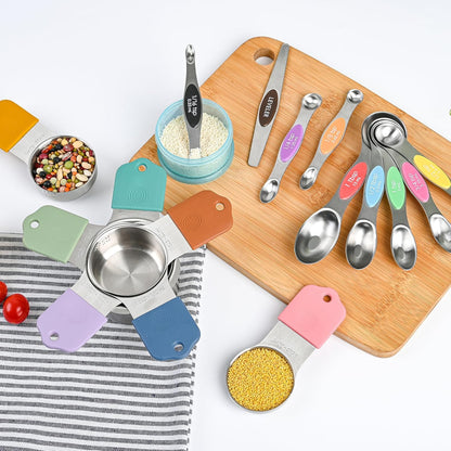 Measuring Cups and Spoons Set 16, Metric & US Stainless Steel Magnetic Measuring Cups and Spoons Set for Baking & Kitchen, Dry & Liquid Metal Measure Cups & Spoons with Leveler