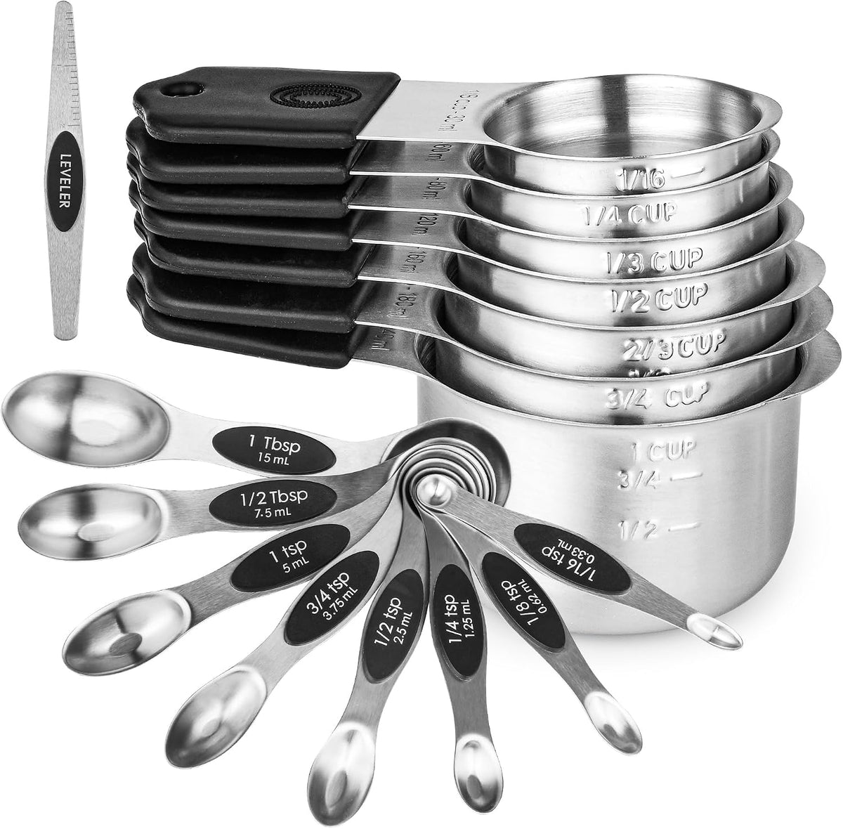 Measuring Cups and Spoons Set 16, Metric & US Stainless Steel Magnetic Measuring Cups and Spoons Set for Baking & Kitchen, Dry & Liquid Metal Measure Cups & Spoons with Leveler