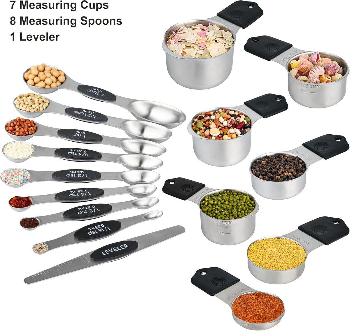 Measuring Cups and Spoons Set 16, Metric & US Stainless Steel Magnetic Measuring Cups and Spoons Set for Baking & Kitchen, Dry & Liquid Metal Measure Cups & Spoons with Leveler