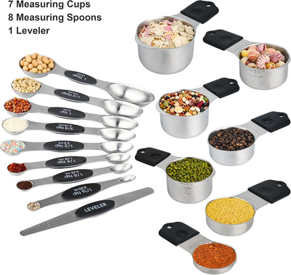 Measuring Cups and Spoons Set 16, Metric & US Stainless Steel Magnetic Measuring Cups and Spoons Set for Baking & Kitchen, Dry & Liquid Metal Measure Cups & Spoons with Leveler