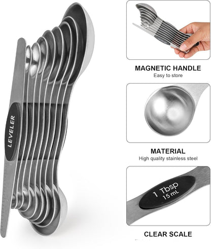 Measuring Cups and Spoons Set 16, Metric & US Stainless Steel Magnetic Measuring Cups and Spoons Set for Baking & Kitchen, Dry & Liquid Metal Measure Cups & Spoons with Leveler