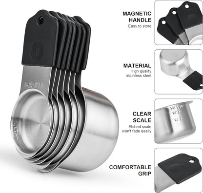 Measuring Cups and Spoons Set 16, Metric & US Stainless Steel Magnetic Measuring Cups and Spoons Set for Baking & Kitchen, Dry & Liquid Metal Measure Cups & Spoons with Leveler