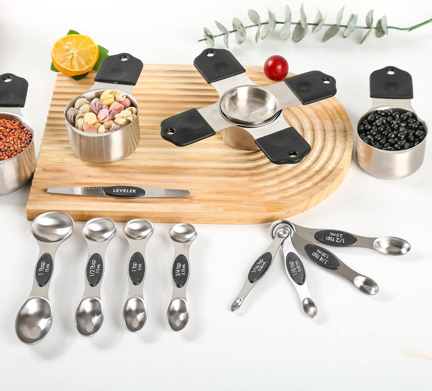 Measuring Cups and Spoons Set 16, Metric & US Stainless Steel Magnetic Measuring Cups and Spoons Set for Baking & Kitchen, Dry & Liquid Metal Measure Cups & Spoons with Leveler