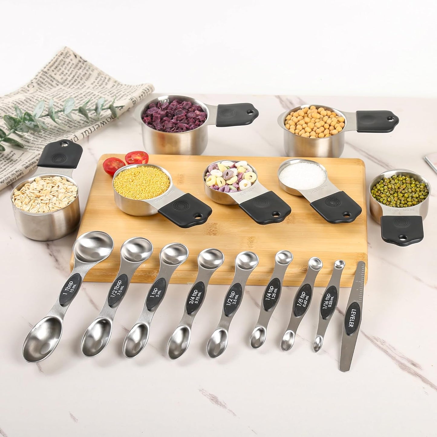 Measuring Cups and Spoons Set 16, Metric & US Stainless Steel Magnetic Measuring Cups and Spoons Set for Baking & Kitchen, Dry & Liquid Metal Measure Cups & Spoons with Leveler