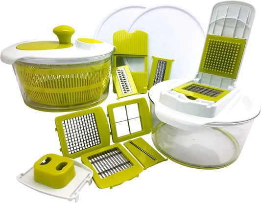 Dicer and Chopper Veggie Mandoline Slicer with Julienne Graterwith Interchangeable Blades and Storage Lids, 16 Piece, Green