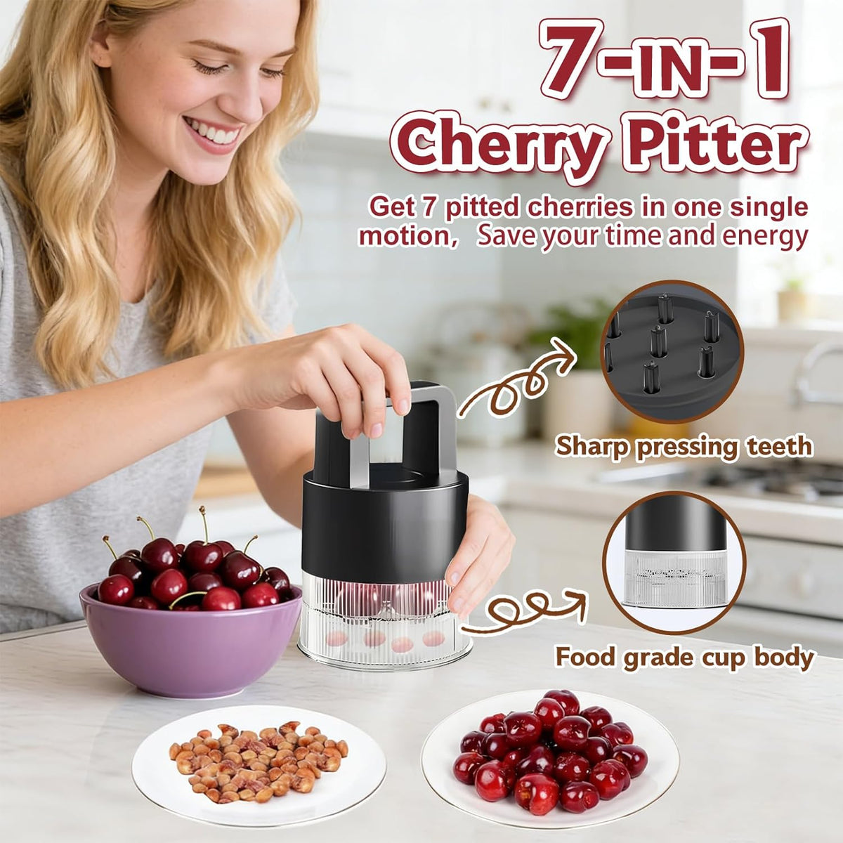 7-in-1 Cherry Pitter Tool,1.5" Extra Large Slots Making Cherry Jam