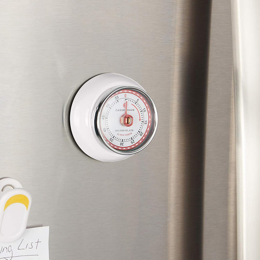 Magnetic Retro Kitchen Timer, Classic Mechanical Cooking Timer (White)