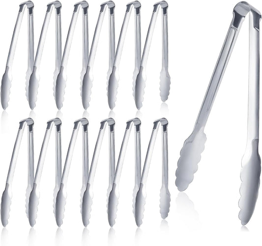 12 Pack Buffet Tongs Serving Tongs Stainless steel Kitchen Tongs 7inch | stainless steel Utility Tongs with scalloped grip for buffets, parties, catering, salad bars, appetizers, desserts and ice