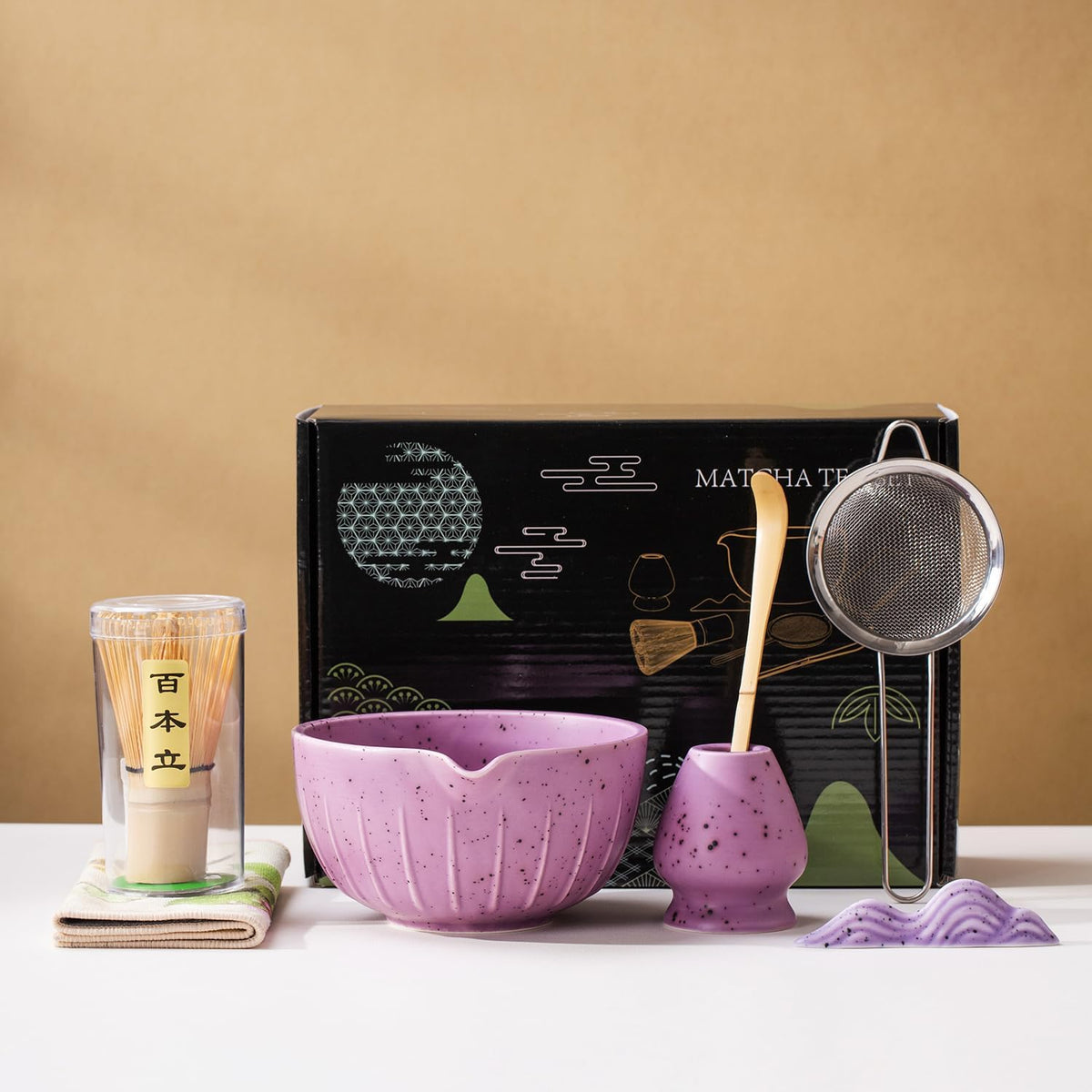 7Pcs Japanese Matcha Tea Set, Matcha Kit with Matcha Bowl (with Pouring Spout), Matcha Whisk, Whisk Holder, Strainer - Elegant Matcha Set for Gifting and Personal Use, Gift Box Packaging (Purple;)