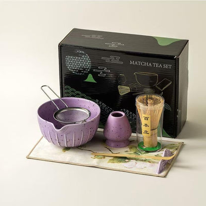 7Pcs Japanese Matcha Tea Set, Matcha Kit with Matcha Bowl (with Pouring Spout), Matcha Whisk, Whisk Holder, Strainer - Elegant Matcha Set for Gifting and Personal Use, Gift Box Packaging (Purple;)
