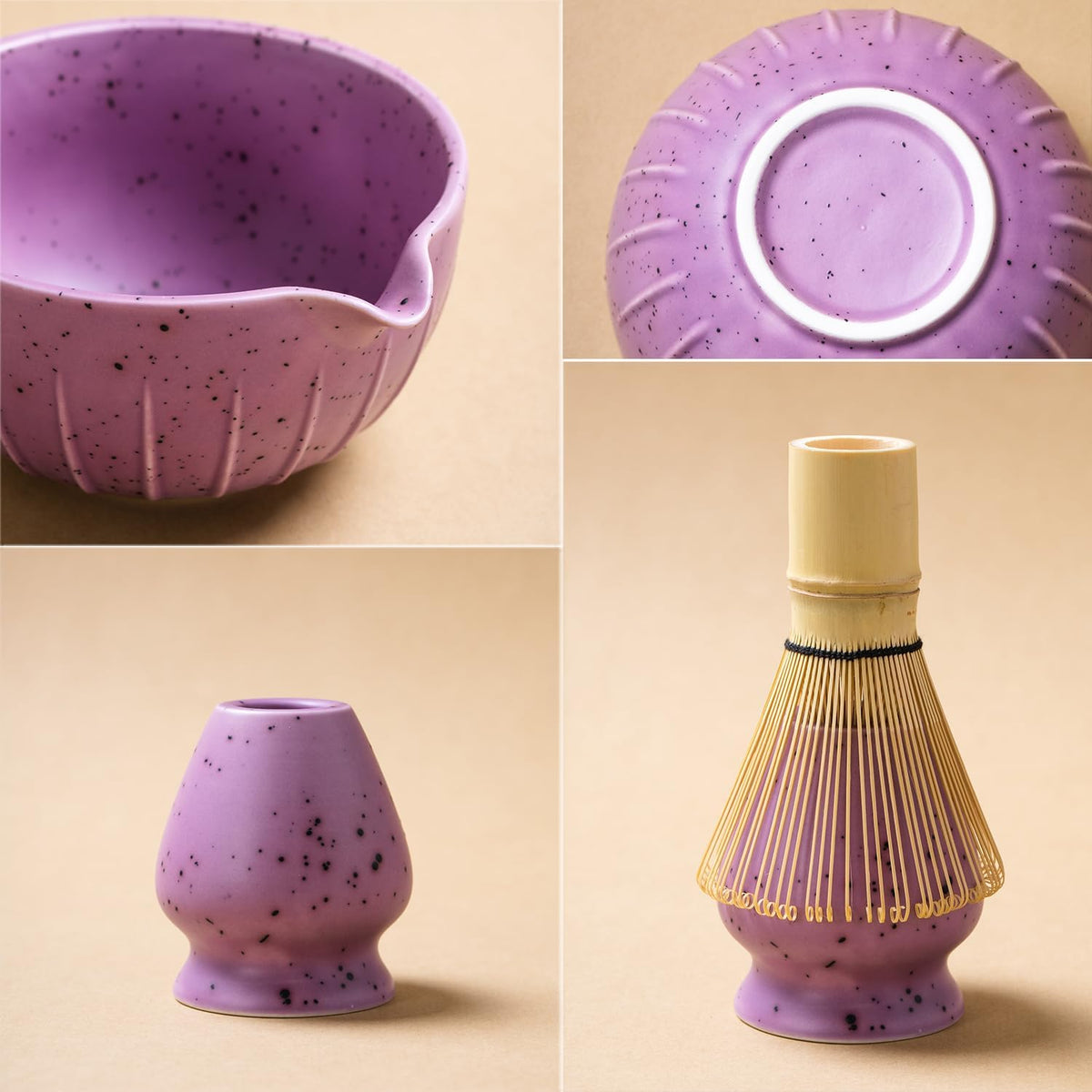 7Pcs Japanese Matcha Tea Set, Matcha Kit with Matcha Bowl (with Pouring Spout), Matcha Whisk, Whisk Holder, Strainer - Elegant Matcha Set for Gifting and Personal Use, Gift Box Packaging (Purple;)