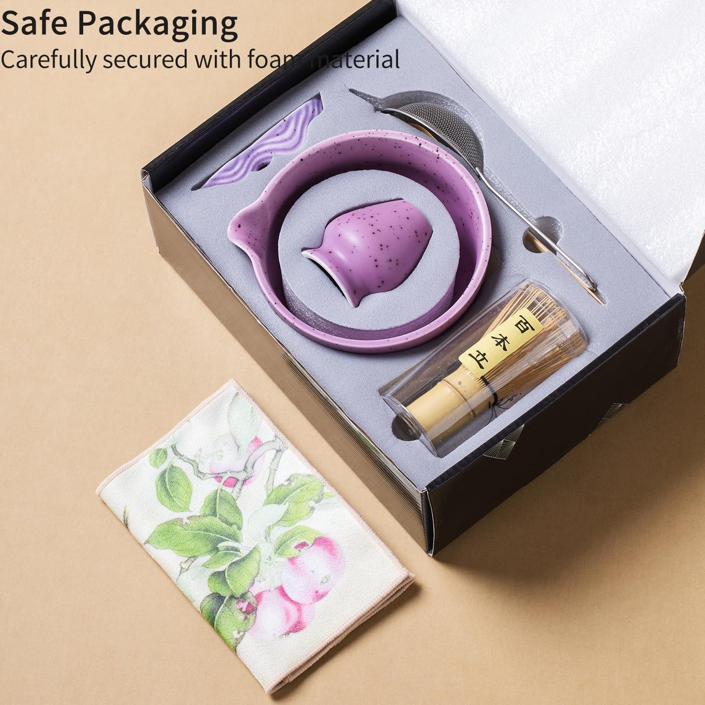 7Pcs Japanese Matcha Tea Set, Matcha Kit with Matcha Bowl (with Pouring Spout), Matcha Whisk, Whisk Holder, Strainer - Elegant Matcha Set for Gifting and Personal Use, Gift Box Packaging (Purple;)
