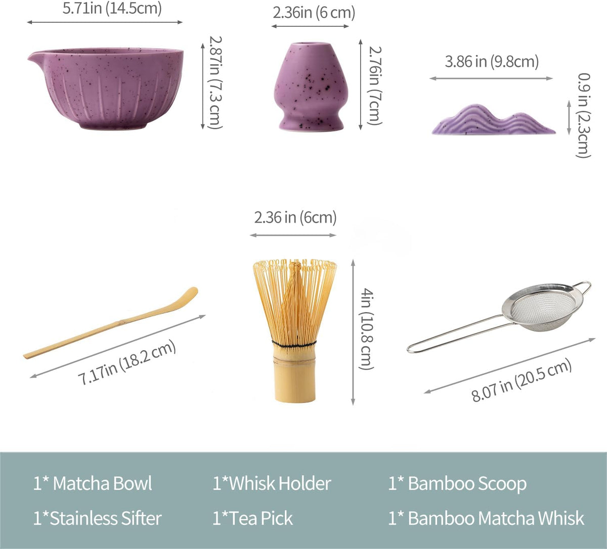 7Pcs Japanese Matcha Tea Set, Matcha Kit with Matcha Bowl (with Pouring Spout), Matcha Whisk, Whisk Holder, Strainer - Elegant Matcha Set for Gifting and Personal Use, Gift Box Packaging (Purple;)