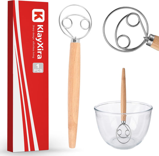 Danish Dough Whisk with Wooden Handle Stainless Steel Bread Mixer Hook Essential Tool for Sourdough Artisan Baking Kitchen Mixing