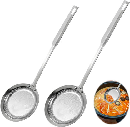 2 Pack Fine Mesh Stainless Steel Colander Filte Grease Foam Extra Fine Strainer with Handle Sieve Spoon for Oil Filter Food Strainers Kitchen Gadget for Oil Vegetable Quinoa Tea Juice (Large+Small)