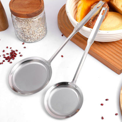 2 Pack Fine Mesh Stainless Steel Colander Filte Grease Foam Extra Fine Strainer with Handle Sieve Spoon for Oil Filter Food Strainers Kitchen Gadget for Oil Vegetable Quinoa Tea Juice (Large+Small)