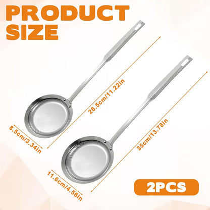 2 Pack Fine Mesh Stainless Steel Colander Filte Grease Foam Extra Fine Strainer with Handle Sieve Spoon for Oil Filter Food Strainers Kitchen Gadget for Oil Vegetable Quinoa Tea Juice (Large+Small)