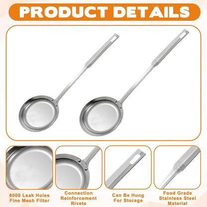 2 Pack Fine Mesh Stainless Steel Colander Filte Grease Foam Extra Fine Strainer with Handle Sieve Spoon for Oil Filter Food Strainers Kitchen Gadget for Oil Vegetable Quinoa Tea Juice (Large+Small)