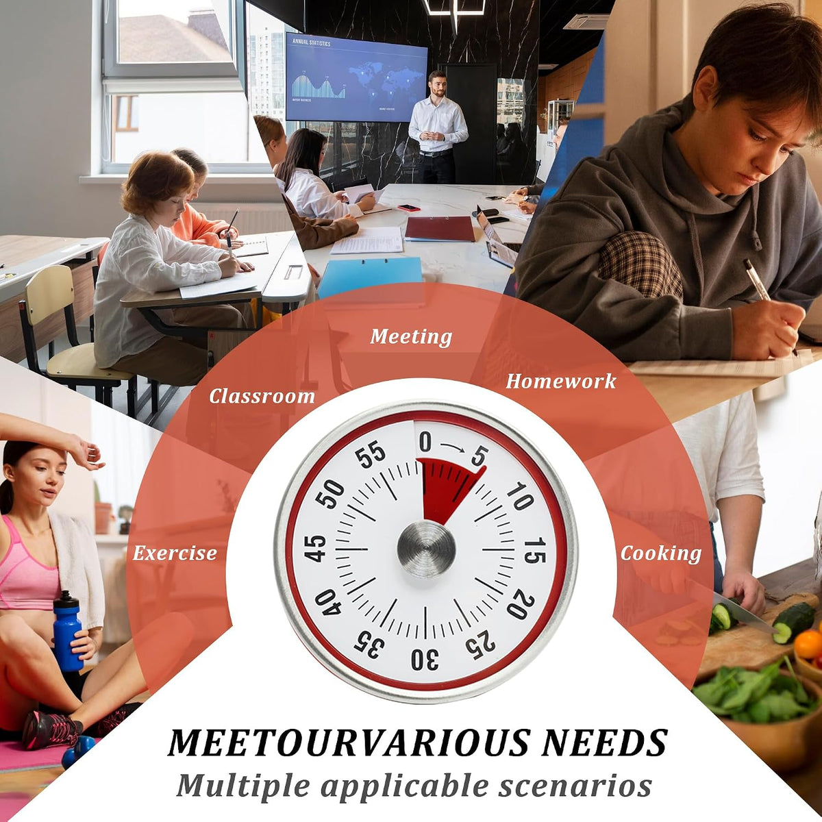 Kitchen Timer for Cooking,Chef Cooking Timer Clock,Visual Timers,60-Minute Countdown,Magnetic Base, Mechanical Clockwork,No Batteries Required,Ringer Alert,Timers for Kitchen/Study/Work/Gym,White