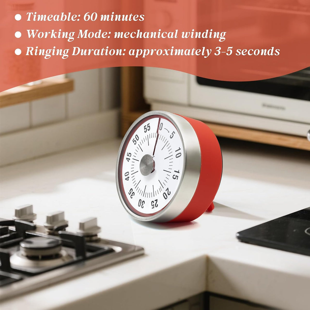 Kitchen Timer for Cooking,Chef Cooking Timer Clock,Visual Timers,60-Minute Countdown,Magnetic Base, Mechanical Clockwork,No Batteries Required,Ringer Alert,Timers for Kitchen/Study/Work/Gym,White