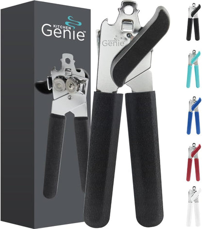 Slip Resistant Stainless Steel Manual Can Opener, Sharp Blade for Smooth Edge Cuts, Easily Open Cans, Ergonomic Handles with Easy to Turn Knob, Built-In Bottle Openers, Pitch Black