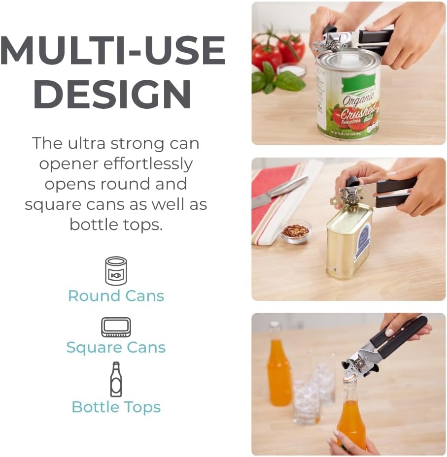 Slip Resistant Stainless Steel Manual Can Opener, Sharp Blade for Smooth Edge Cuts, Easily Open Cans, Ergonomic Handles with Easy to Turn Knob, Built-In Bottle Openers, Pitch Black