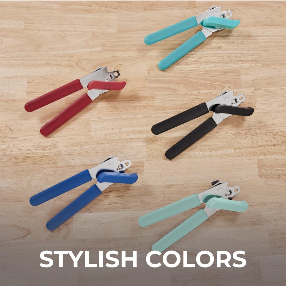 Slip Resistant Stainless Steel Manual Can Opener, Sharp Blade for Smooth Edge Cuts, Easily Open Cans, Ergonomic Handles with Easy to Turn Knob, Built-In Bottle Openers, Pitch Black