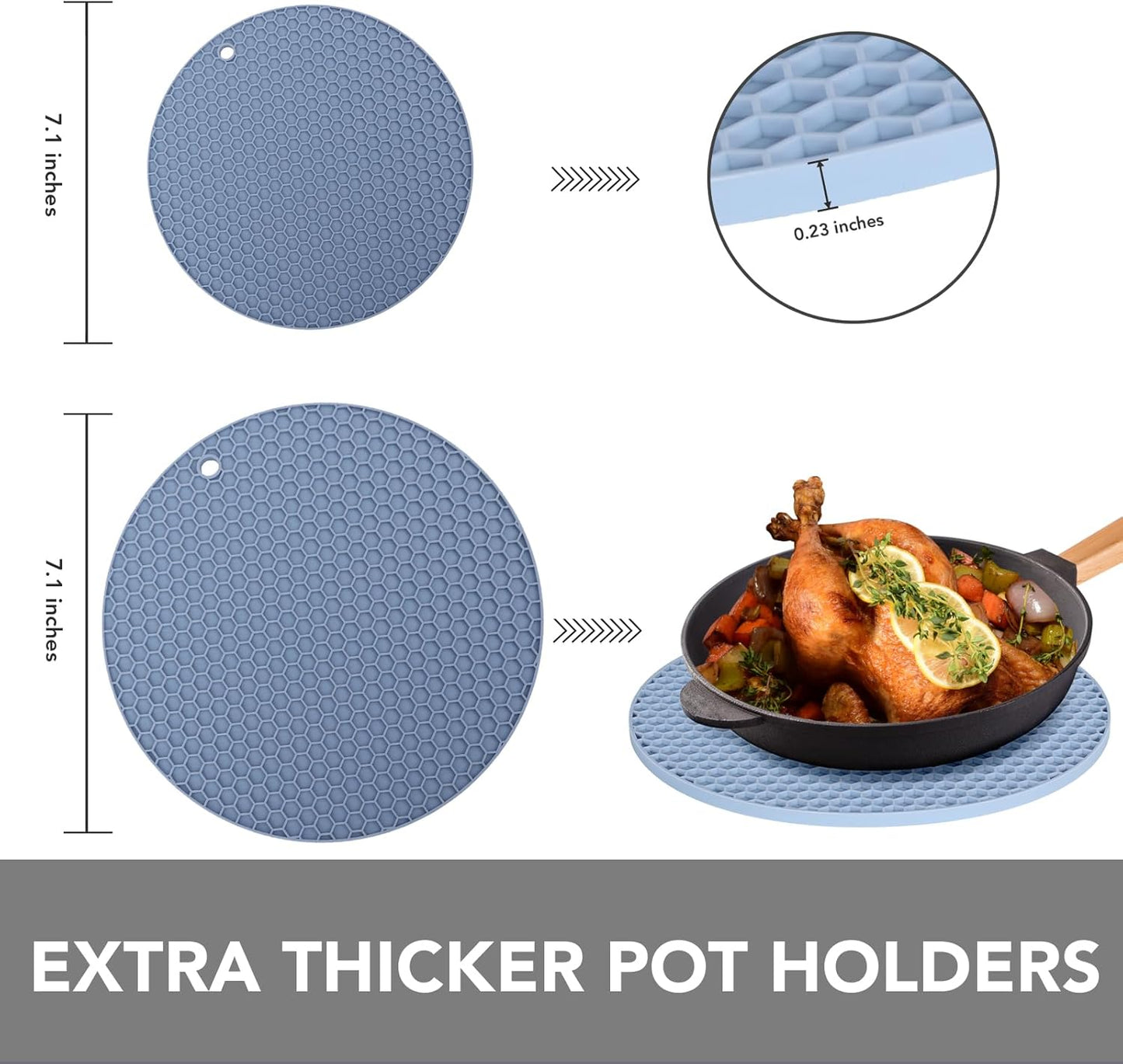 4 Pack Trivets for Hot Dishes | Hot Pads for Kitchen, Silicone Pot Holders for Kitchen Countertops,Table, Hot Pots and Pans, Easy to Wash and Dry, Grey