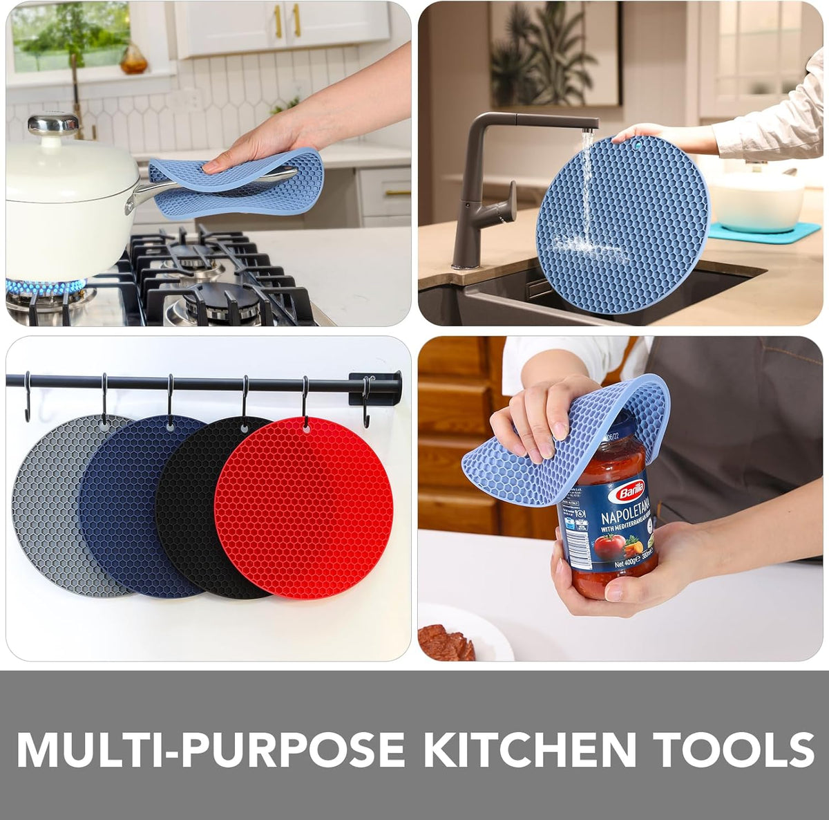 4 Pack Trivets for Hot Dishes | Hot Pads for Kitchen, Silicone Pot Holders for Kitchen Countertops,Table, Hot Pots and Pans, Easy to Wash and Dry, Grey