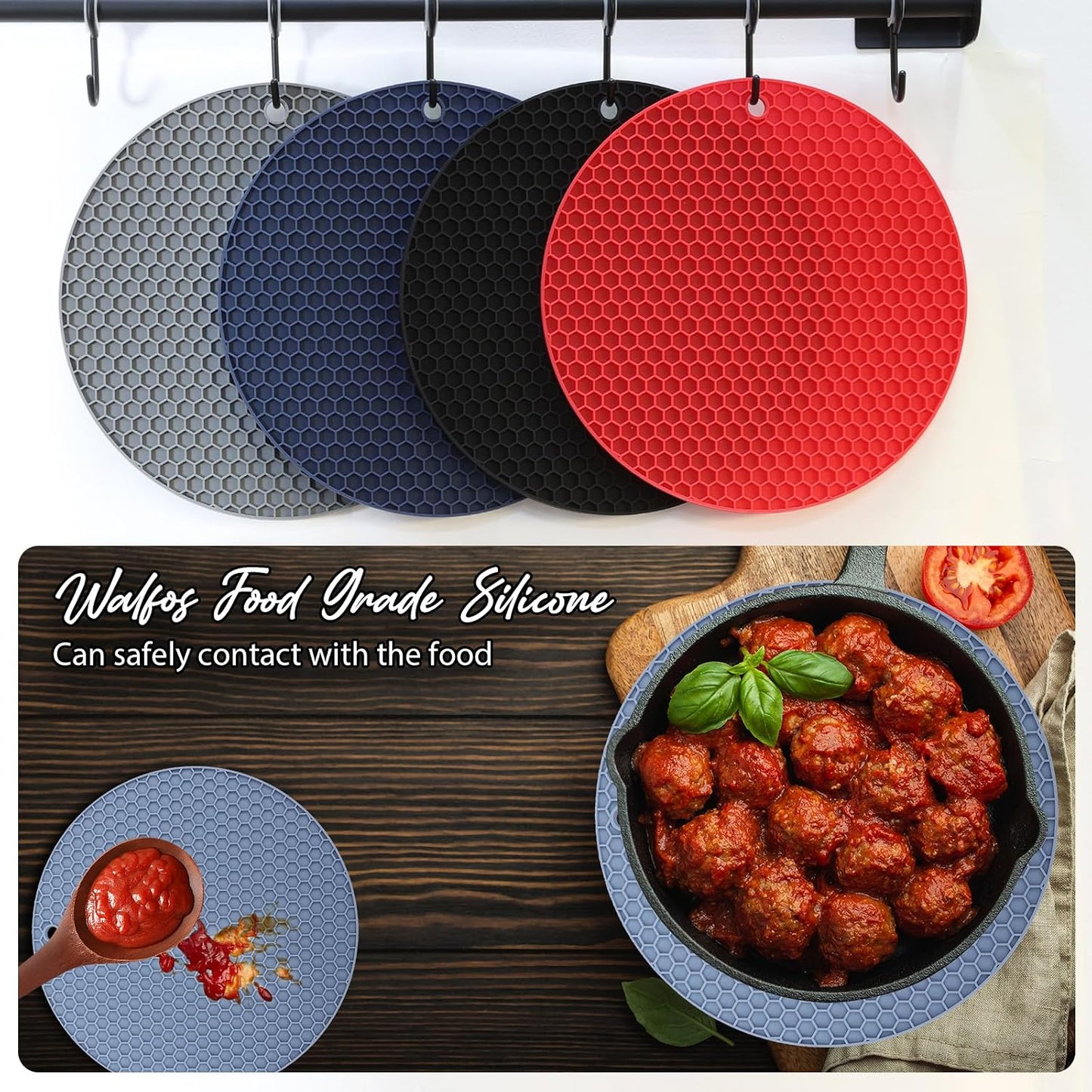 4 Pack Trivets for Hot Dishes | Hot Pads for Kitchen, Silicone Pot Holders for Kitchen Countertops,Table, Hot Pots and Pans, Easy to Wash and Dry, Grey