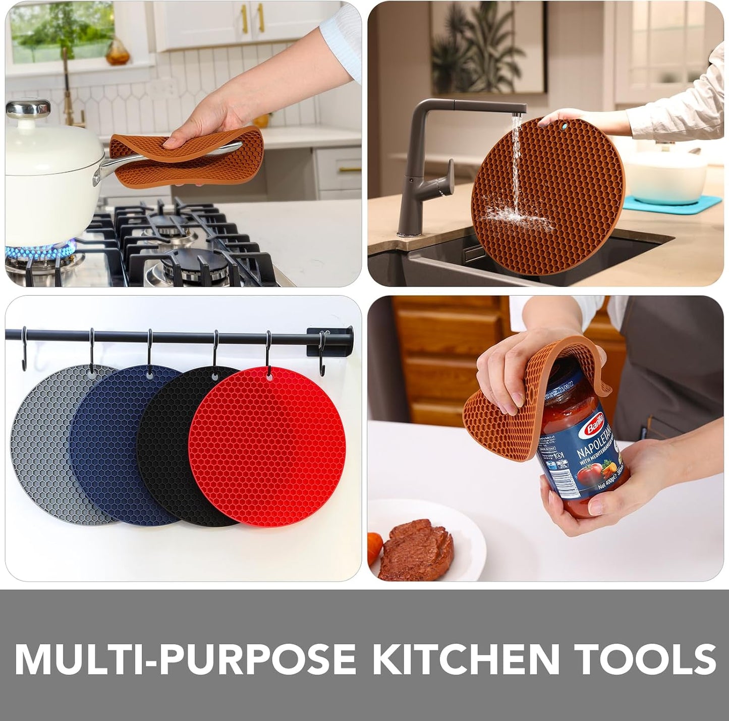 4 Pack Trivets for Hot Dishes | Hot Pads for Kitchen, Silicone Pot Holders for Kitchen Countertops,Table, Hot Pots and Pans, Easy to Wash and Dry, Grey