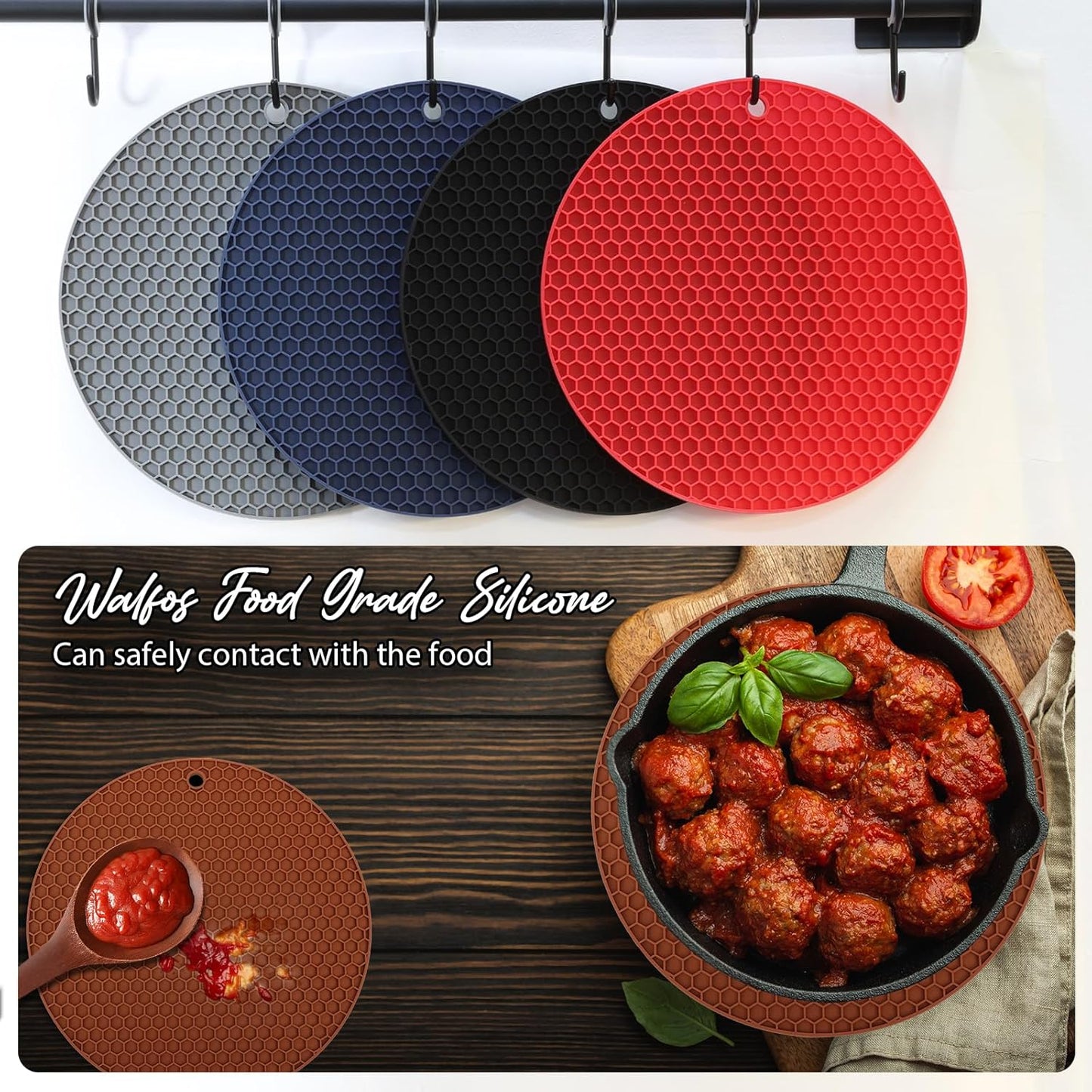 4 Pack Trivets for Hot Dishes | Hot Pads for Kitchen, Silicone Pot Holders for Kitchen Countertops,Table, Hot Pots and Pans, Easy to Wash and Dry, Grey