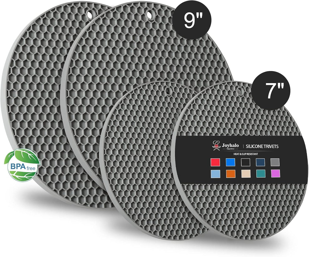 4 Pack Trivets for Hot Dishes | Hot Pads for Kitchen, Silicone Pot Holders for Kitchen Countertops,Table, Hot Pots and Pans, Easy to Wash and Dry, Grey