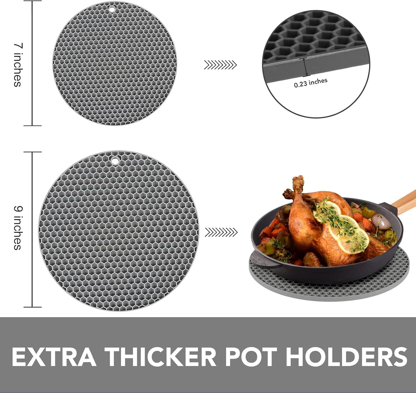 4 Pack Trivets for Hot Dishes | Hot Pads for Kitchen, Silicone Pot Holders for Kitchen Countertops,Table, Hot Pots and Pans, Easy to Wash and Dry, Grey