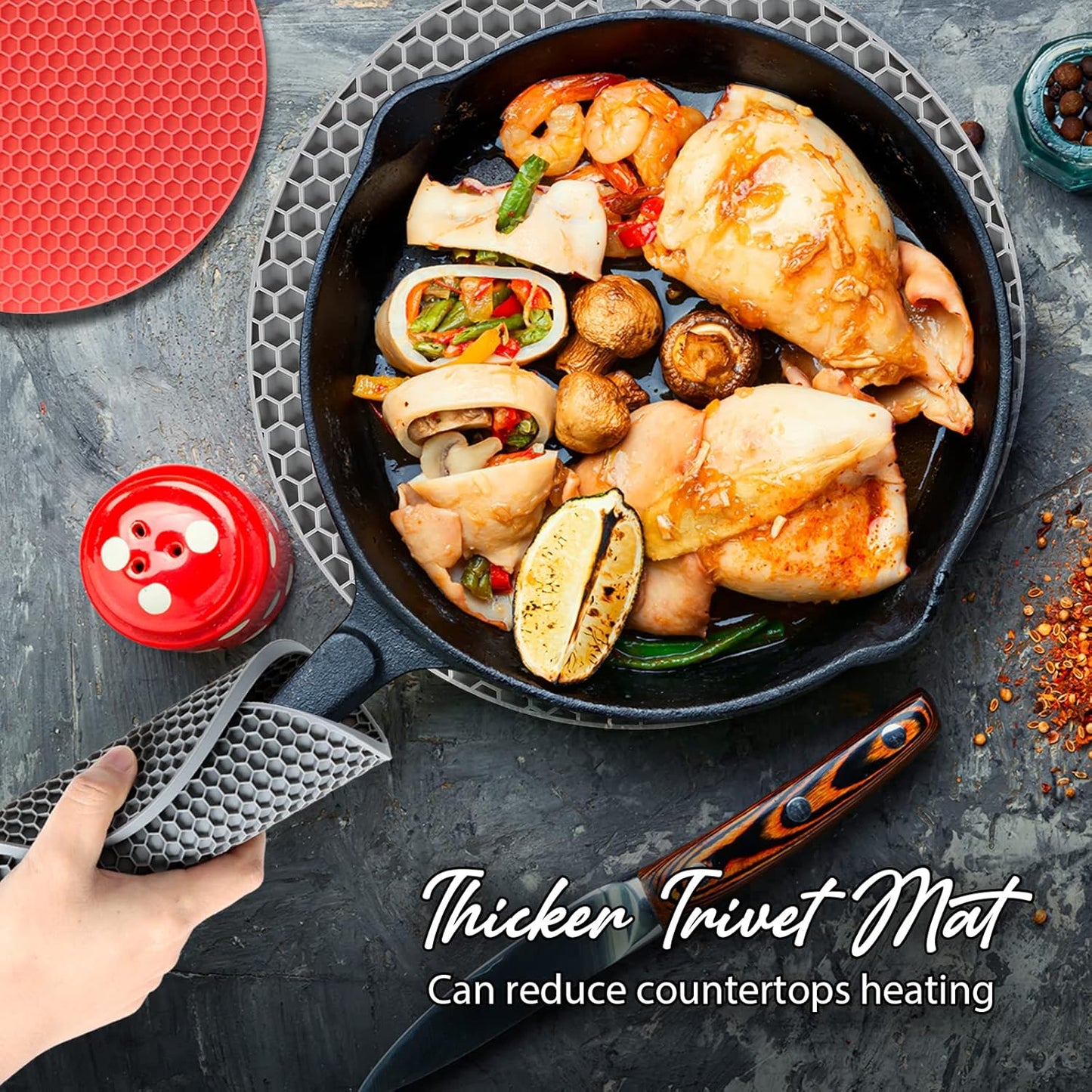 4 Pack Trivets for Hot Dishes | Hot Pads for Kitchen, Silicone Pot Holders for Kitchen Countertops,Table, Hot Pots and Pans, Easy to Wash and Dry, Grey