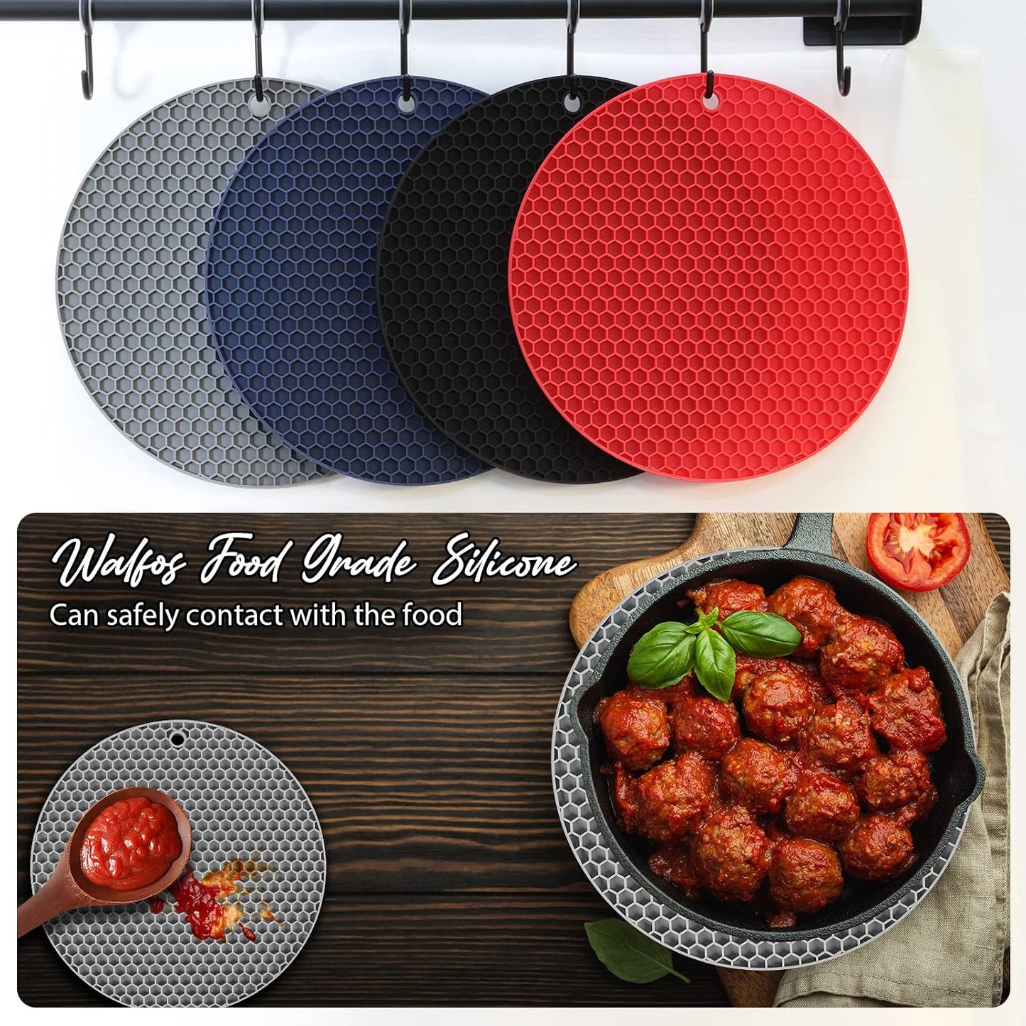 4 Pack Trivets for Hot Dishes | Hot Pads for Kitchen, Silicone Pot Holders for Kitchen Countertops,Table, Hot Pots and Pans, Easy to Wash and Dry, Grey