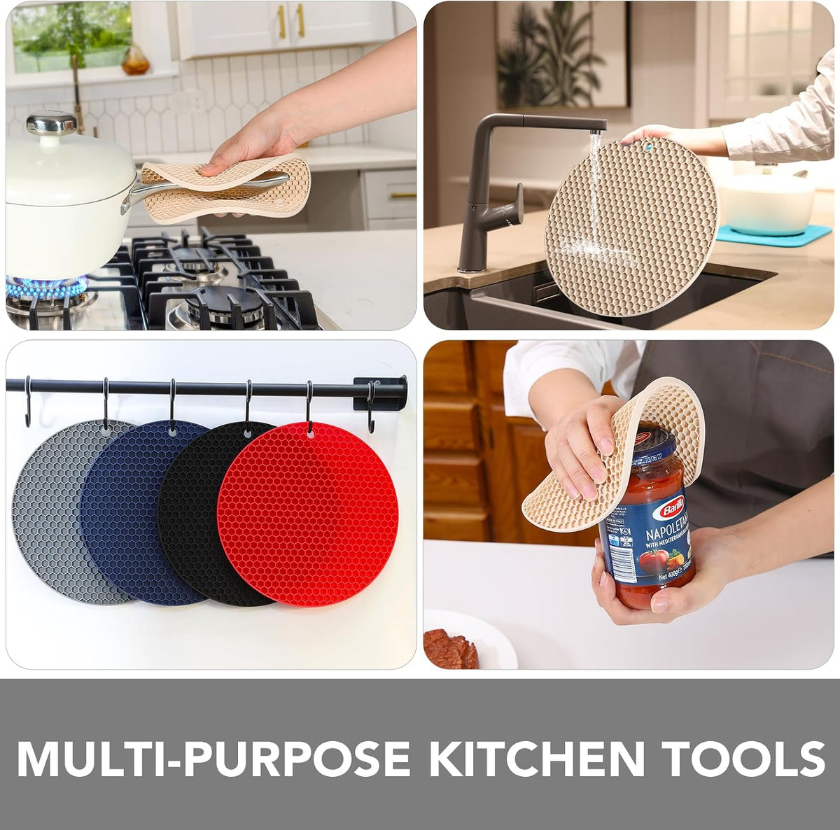 4 Pack Trivets for Hot Dishes | Hot Pads for Kitchen, Silicone Pot Holders for Kitchen Countertops,Table, Hot Pots and Pans, Easy to Wash and Dry, Grey