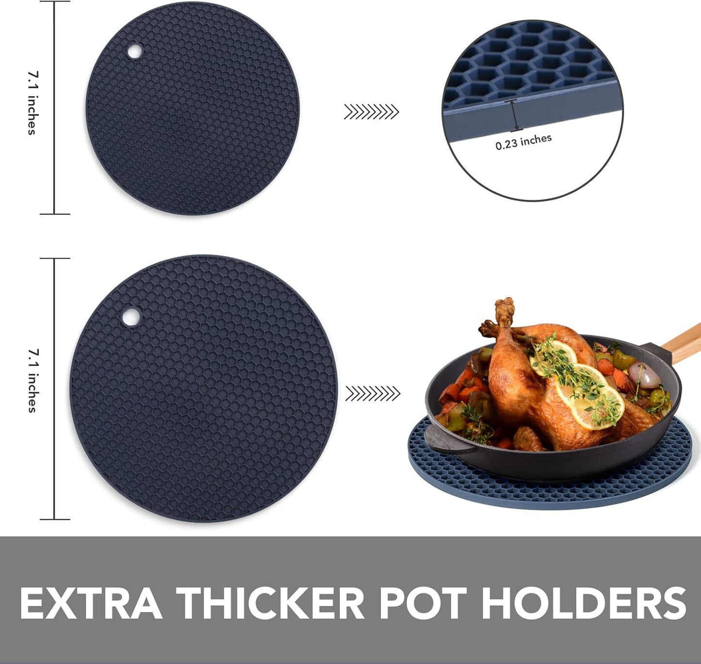4 Pack Trivets for Hot Dishes | Hot Pads for Kitchen, Silicone Pot Holders for Kitchen Countertops,Table, Hot Pots and Pans, Easy to Wash and Dry, Grey