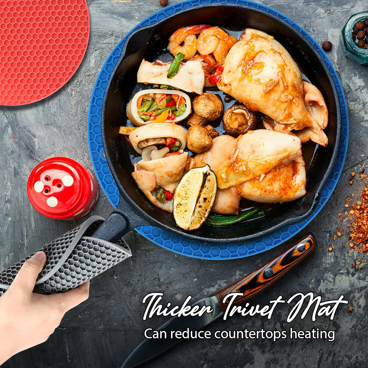 4 Pack Trivets for Hot Dishes | Hot Pads for Kitchen, Silicone Pot Holders for Kitchen Countertops,Table, Hot Pots and Pans, Easy to Wash and Dry, Grey