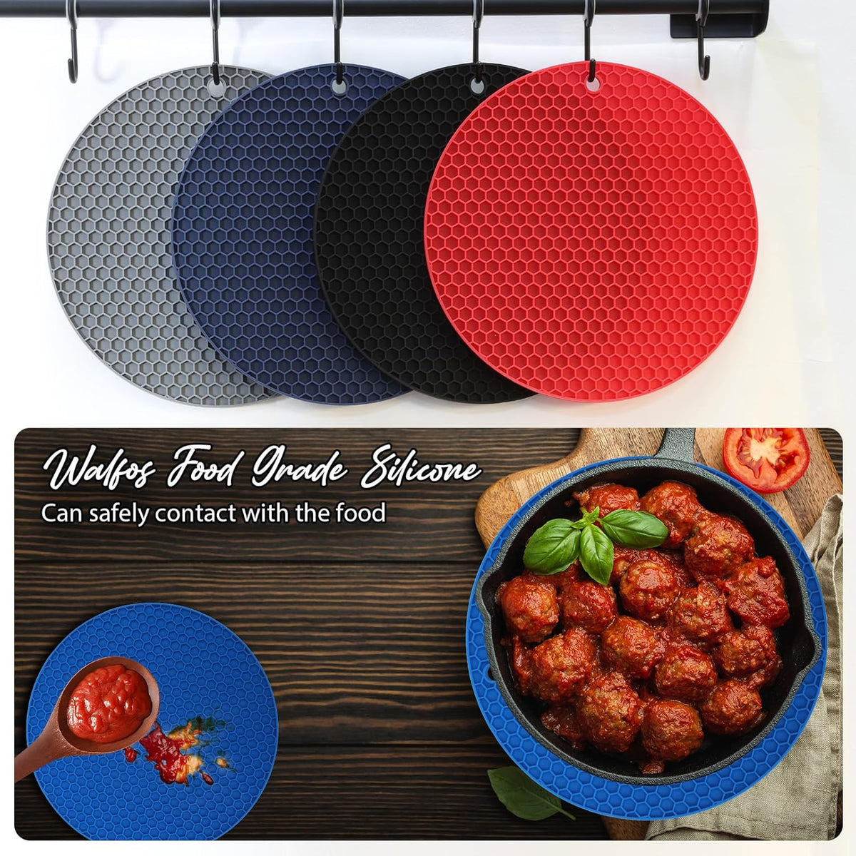 4 Pack Trivets for Hot Dishes | Hot Pads for Kitchen, Silicone Pot Holders for Kitchen Countertops,Table, Hot Pots and Pans, Easy to Wash and Dry, Grey