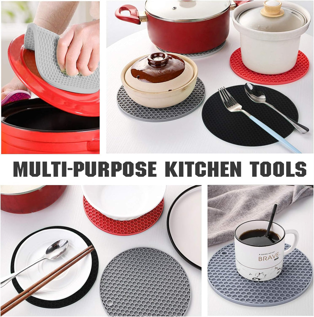 4 Pack Trivets for Hot Dishes | Hot Pads for Kitchen, Silicone Pot Holders for Kitchen Countertops,Table, Hot Pots and Pans, Easy to Wash and Dry, Grey