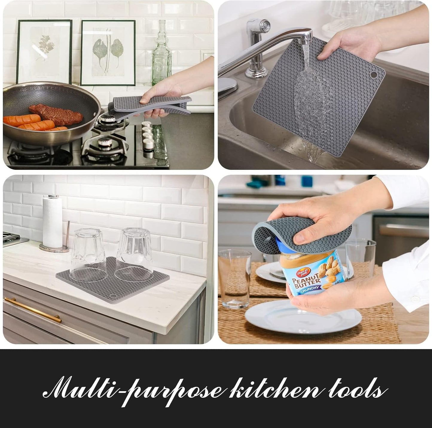4 Pack Trivets for Hot Dishes | Hot Pads for Kitchen, Silicone Pot Holders for Kitchen Countertops,Table, Hot Pots and Pans, Easy to Wash and Dry, Grey