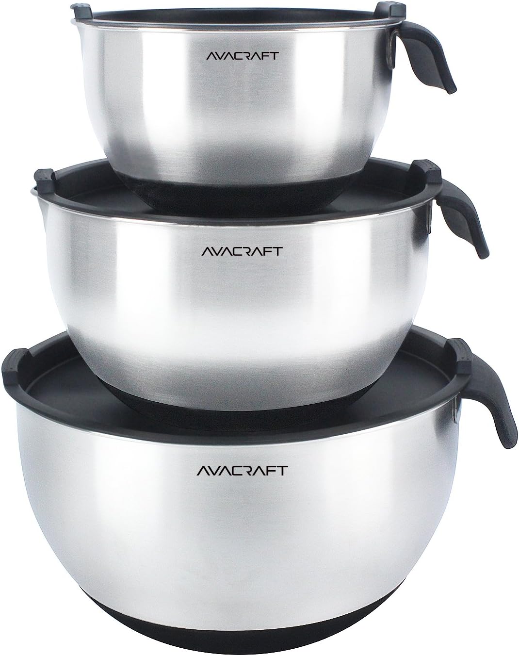 18/10 Stainless Steel Mixing Bowl Set with Lids, Black | Non-Slip Silicone Base, Ergonomic Handles, Pour Spouts, Interior Measurement Marks, Nesting Design, Dishwasher Safe