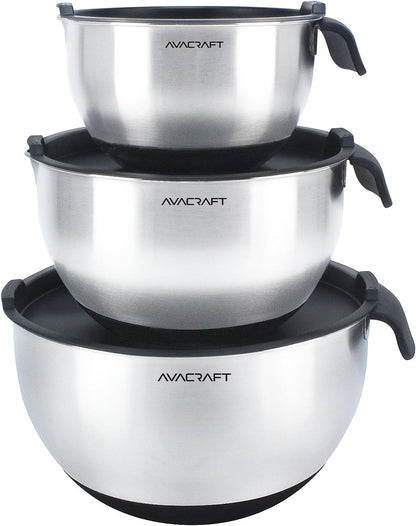 18/10 Stainless Steel Mixing Bowl Set with Lids, Black | Non-Slip Silicone Base, Ergonomic Handles, Pour Spouts, Interior Measurement Marks, Nesting Design, Dishwasher Safe