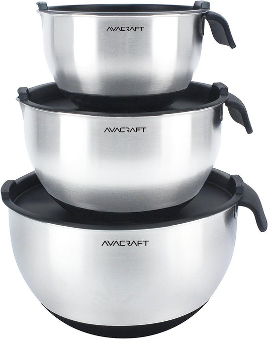 18/10 Stainless Steel Mixing Bowl Set with Lids, Black | Non-Slip Silicone Base, Ergonomic Handles, Pour Spouts, Interior Measurement Marks, Nesting Design, Dishwasher Safe