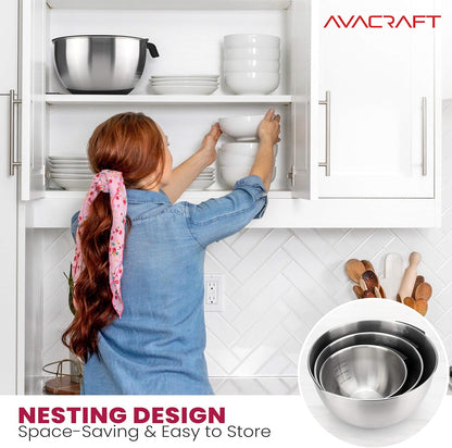 18/10 Stainless Steel Mixing Bowl Set with Lids, Black | Non-Slip Silicone Base, Ergonomic Handles, Pour Spouts, Interior Measurement Marks, Nesting Design, Dishwasher Safe